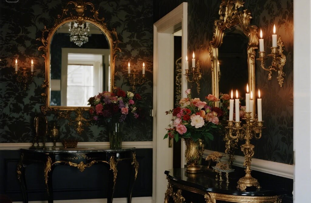 Vintage-inspired entryway with ornate mirror, candle lighting, and console table.