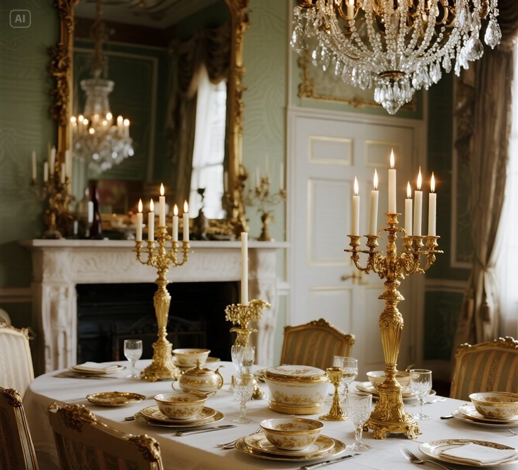 Dining room with gold tableware and candelabras in a glam setting