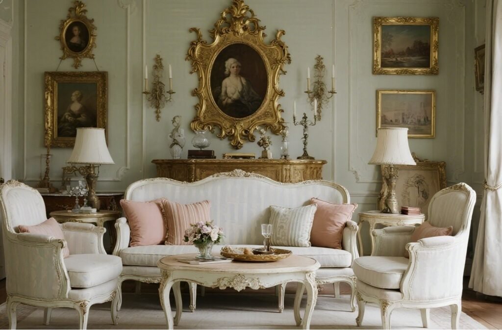 Parisian glam living room with distressed furniture and gold accents