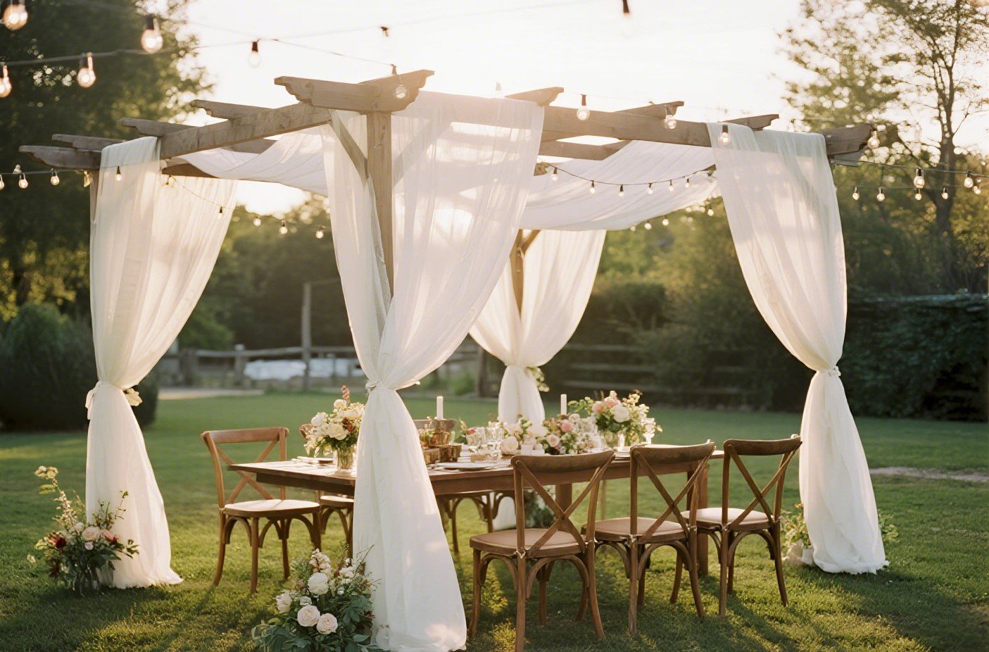 Backyard wedding ceremony with fairy lights and natural floral décor.