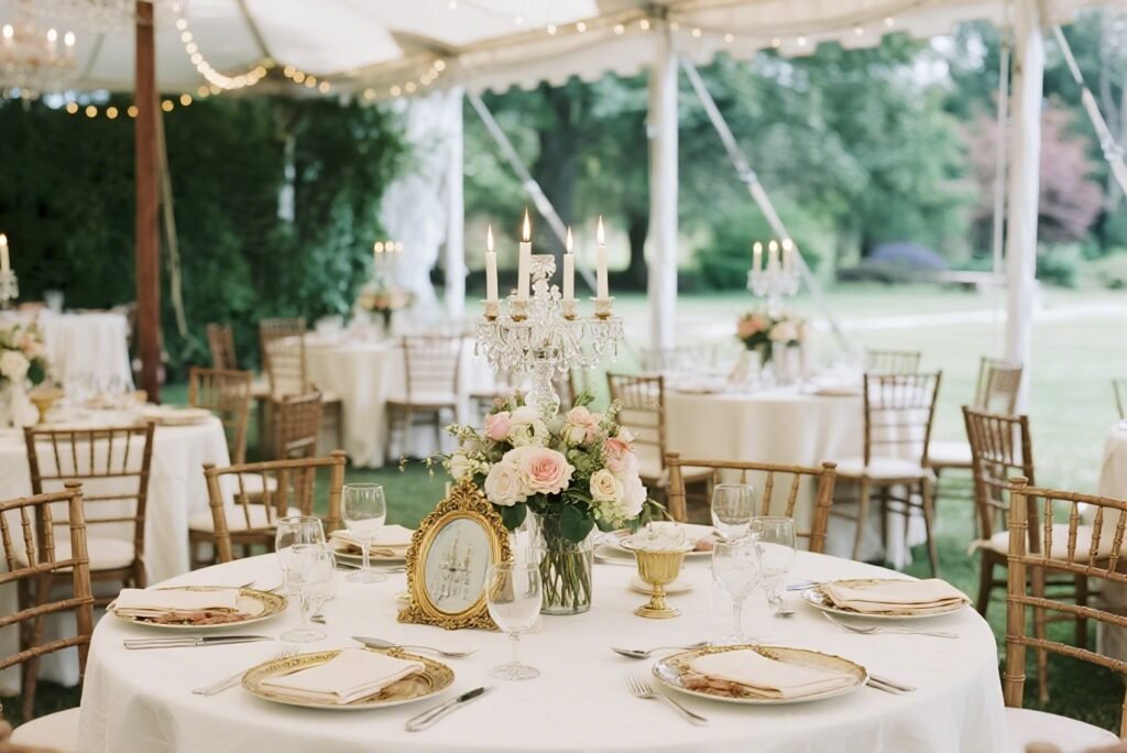 Elegant wedding setup with vintage mirrors, crystal candle holders, and garden tent.