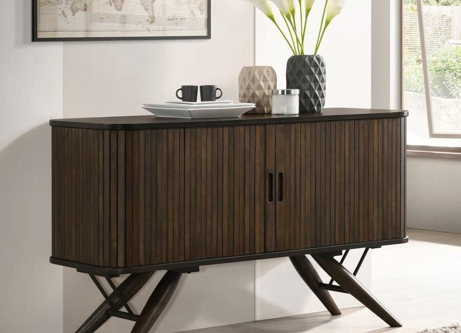 Wes dark walnut 2-door sideboard with tambour doors and flared legs.