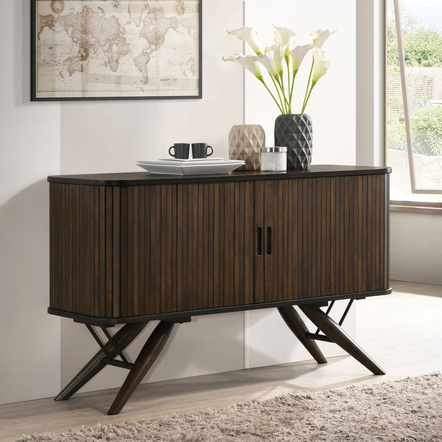 Wes dark walnut 2-door sideboard with tambour doors and flared legs.