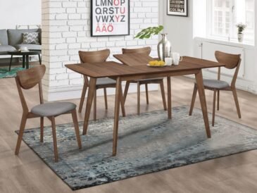 Alfredo 5-piece mid-century modern walnut dining set with butterfly leaf and upholstered chairs.
