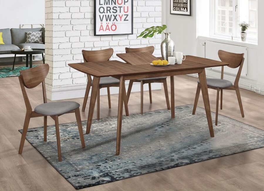 Alfredo 5-piece mid-century modern walnut dining set with butterfly leaf and upholstered chairs.