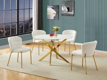 Round faux-marble dining set with gold cross-leg base and fluffy fabric chairs.