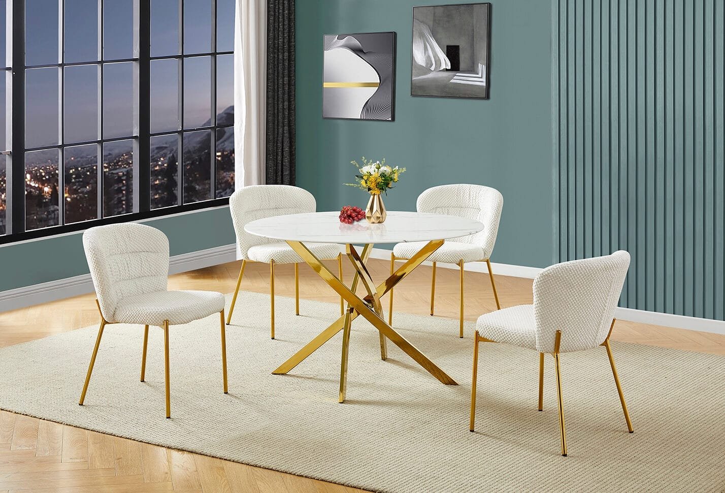 Round faux-marble dining set with gold cross-leg base and fluffy fabric chairs.