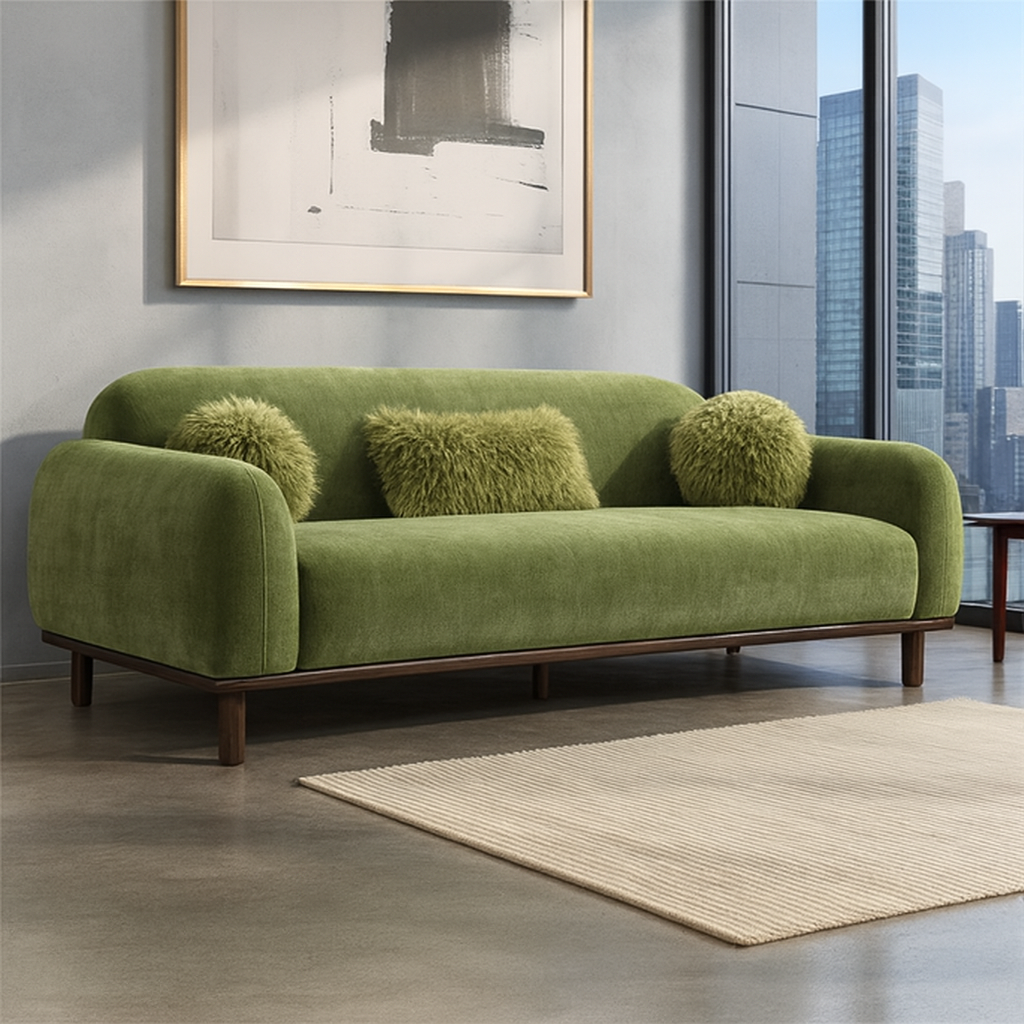 Olive green Mellone Sofa with chenille fabric, faux fur pillows, and dark cherry wood trim – Mid-Century Modern style