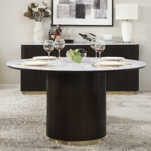 Clayten round dining table with marble-look top and espresso pedestal base.