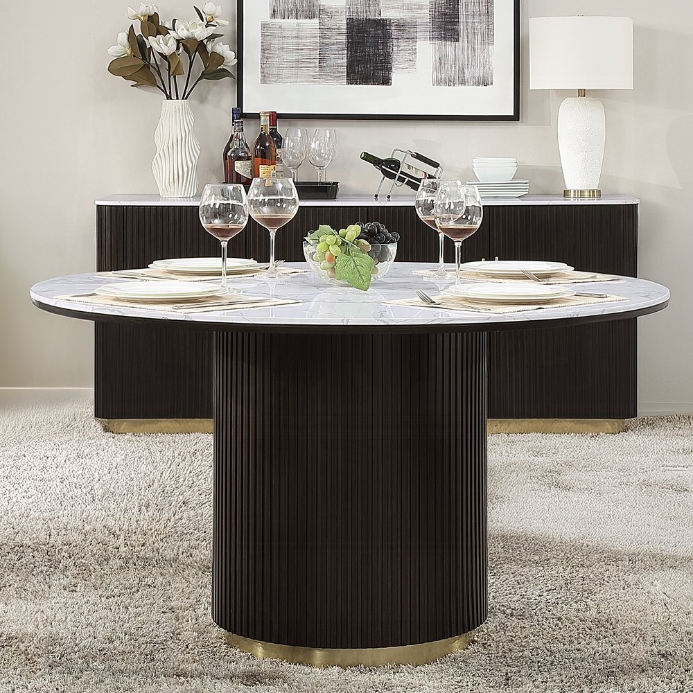 Clayten round dining table with marble-look top and espresso pedestal base.
