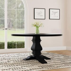 Florence 60-inch round black dining table with sculpted pedestal base.