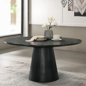 Froja round black dining table with pedestal base in modern Scandinavian style.