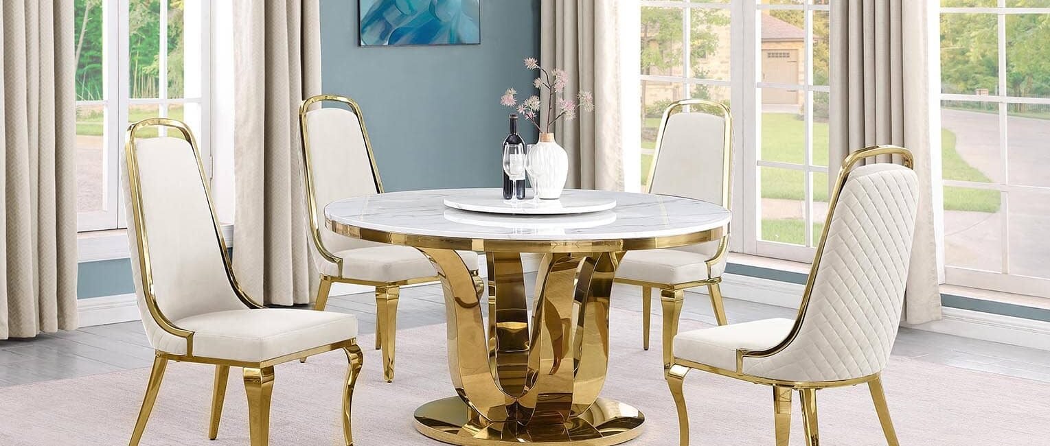 54-inch round white marble dining set with gold pedestal and velvet chairs, built-in Lazy Susan.