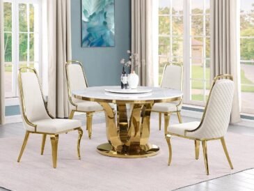 54-inch round white marble dining set with gold pedestal and velvet chairs, built-in Lazy Susan.