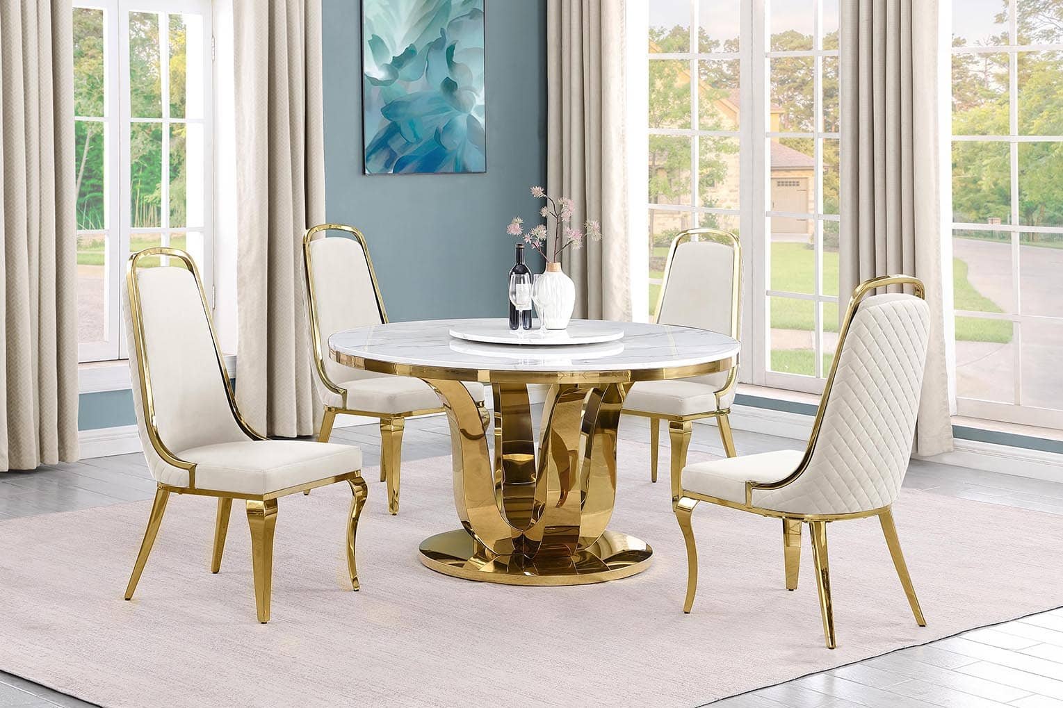 54-inch round white marble dining set with gold pedestal and velvet chairs, built-in Lazy Susan.