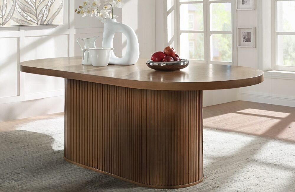 Gamarya dark oak oval dining table with reeded pedestal base
