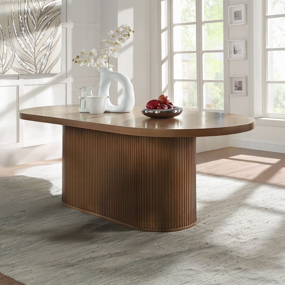 Gamarya dark oak oval dining table with reeded pedestal base