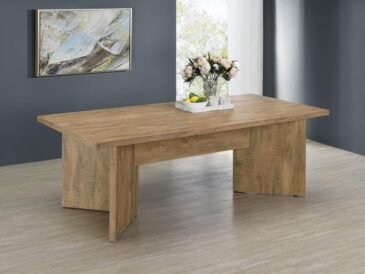 Jamestown 84-inch mango finish rectangular dining table with V-shaped pedestal base.