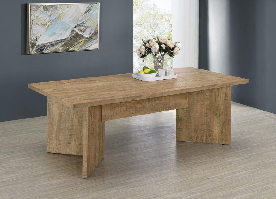 Jamestown 84-inch mango finish rectangular dining table with V-shaped pedestal base.