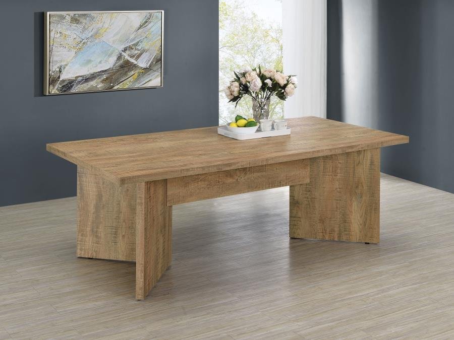 Jamestown 84-inch mango finish rectangular dining table with V-shaped pedestal base.