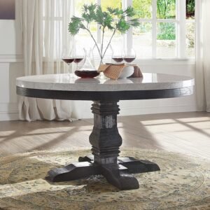 Nolan round marble dining table with dark-oak pedestal, 54-inch