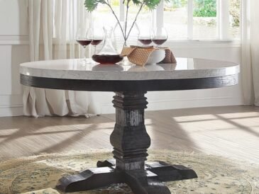 Nolan round marble dining table with dark-oak pedestal, 54-inch