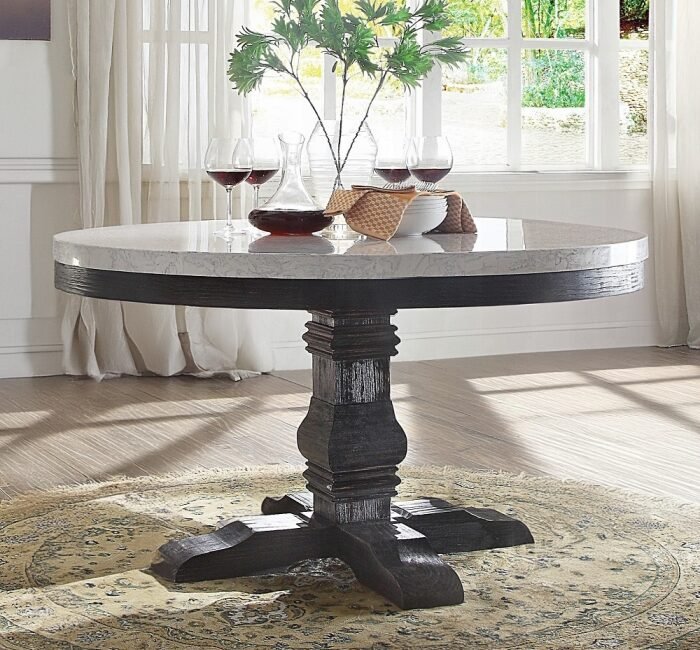 Nolan round marble dining table with dark-oak pedestal, 54-inch