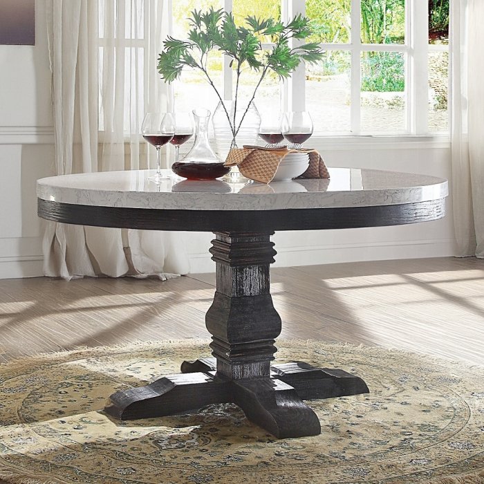 Nolan round marble dining table with dark-oak pedestal, 54-inch