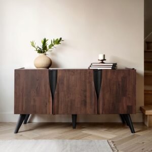 Sobral 62-inch walnut server, solid rubberwood, mid-century modern with profile edging.