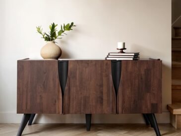 Sobral 62-inch walnut server, solid rubberwood, mid-century modern with profile edging.