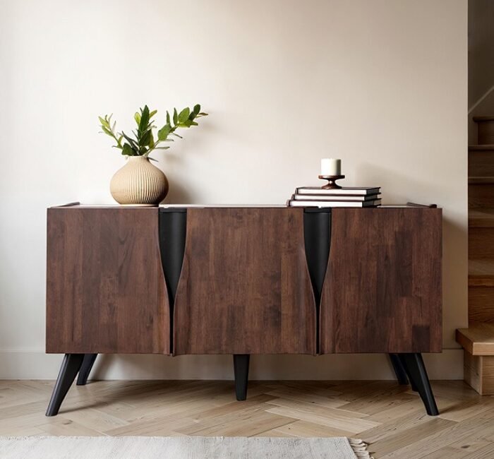 Sobral 62-inch walnut server, solid rubberwood, mid-century modern with profile edging.