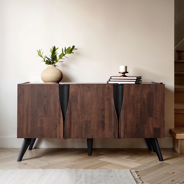 Sobral 62-inch walnut server, solid rubberwood, mid-century modern with profile edging.