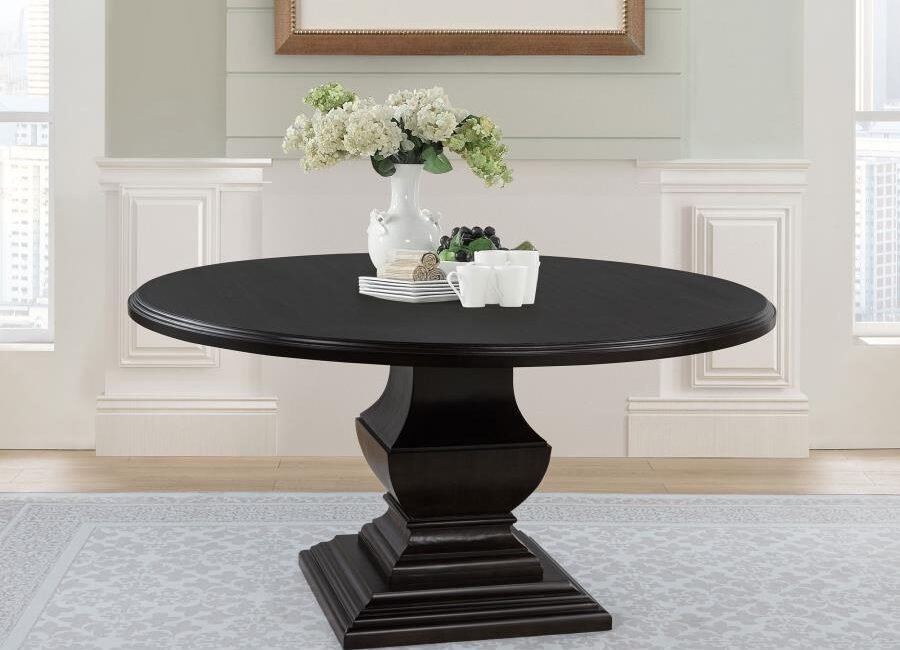 Twyla 60-inch round dark cocoa dining table with sculpted pedestal base