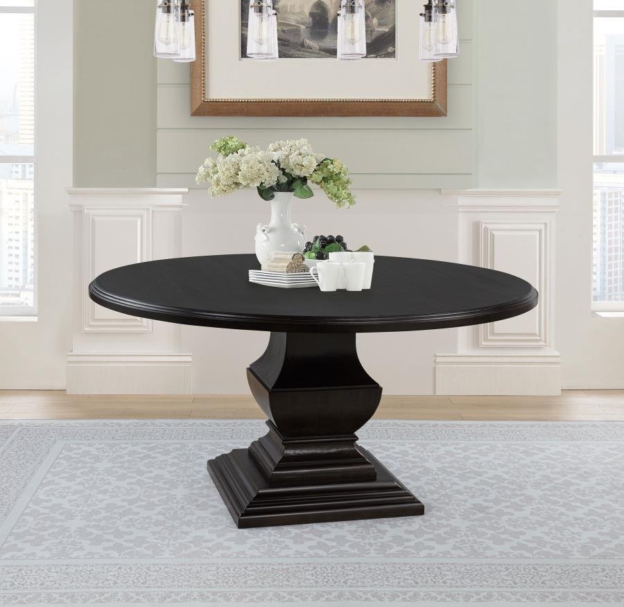 Twyla 60-inch round dark cocoa dining table with sculpted pedestal base