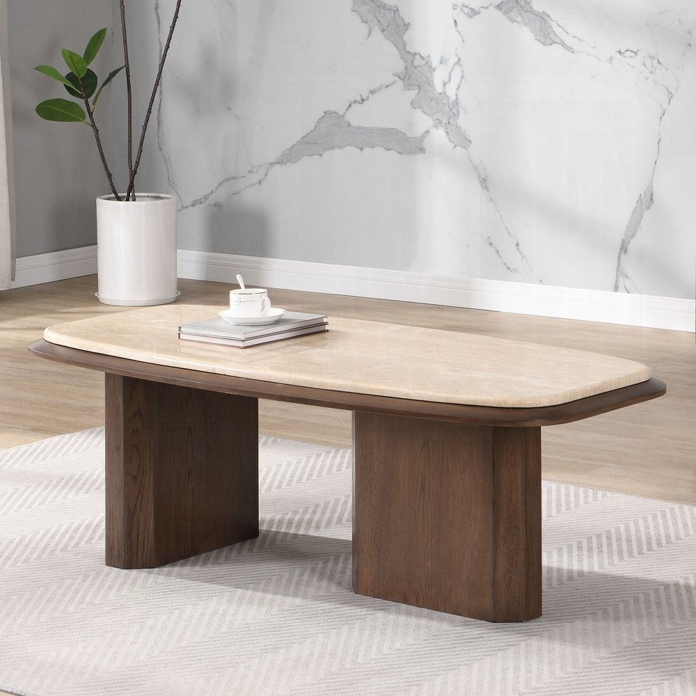 Kasha Coffee Table – Travertine & Walnut Modern Design | GlamStyleDecor