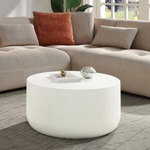Dustan Round Coffee Table with Faux Concrete Finish in Natural White