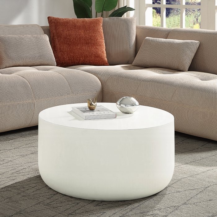 Dustan Round Coffee Table with Faux Concrete Finish in Natural White