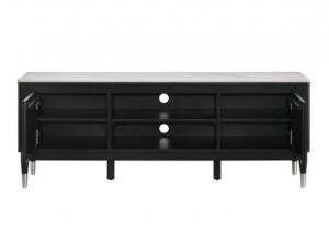 Modern Maidstone TV console featuring a black/white finish, sintered stone top, reeded panels, and silver-capped arrow legs with cable management.