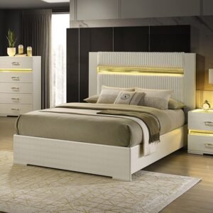 Lucida Bed Frame in beige faux fur with LED gold shimmer accents, available in Queen and Eastern King sizes.