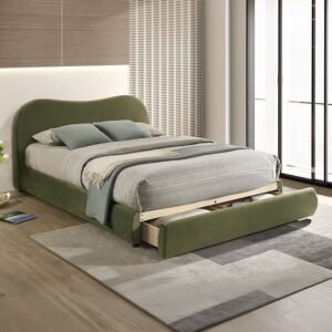Grimsby Olive Green Velvet Bouclé Upholstered Bed Frame with Walnut Finish