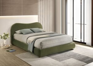 Grimsby Olive Green Upholstered Bed – Velvet & Bouclé with Walnut Finish