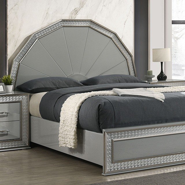 Glam Cassiopeia Bed in metallic gray with LED headboard – available in Queen and Eastern King