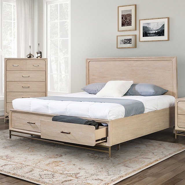 Sandnes Queen Bed in light oak with storage drawers and gold hardware – Transitional bedroom furniture