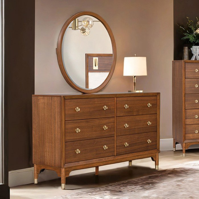 Hepburne walnut dresser with mirror, mid-century modern