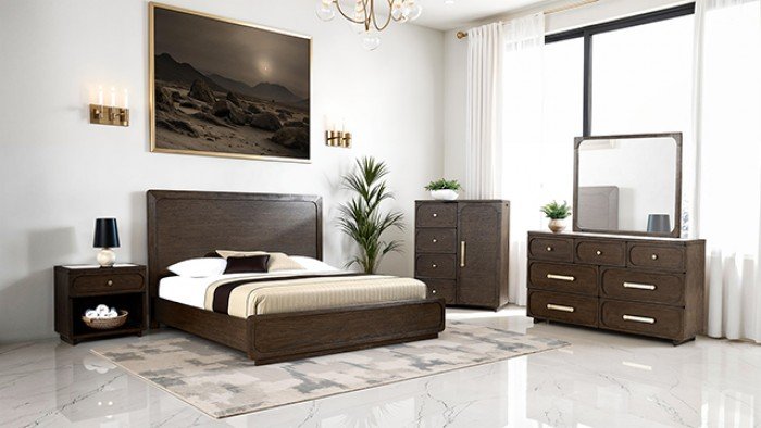 Transitional dark walnut panel bed with LED headboard and gold accents