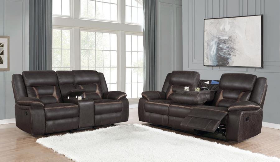 Brown reclining sofa and loveseat set with contrast stitching, USB ports, and storage console for modern living rooms.
