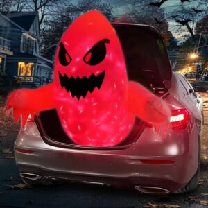 3.5-foot red inflatable Halloween ghost glowing with LED lights emerging from car trunk at night.