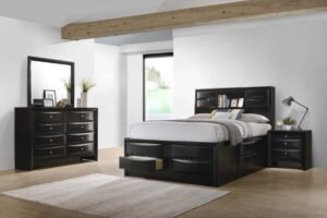 Modern black California King bedroom set with storage bed, dresser, nightstand, and mirror in a sleek transitional style.