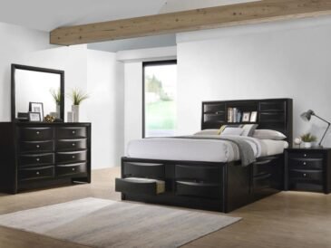 Modern black California King bedroom set with storage bed, dresser, nightstand, and mirror in a sleek transitional style.