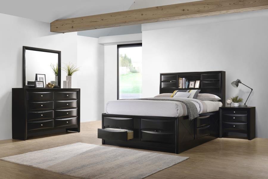 Modern black California King bedroom set with storage bed, dresser, nightstand, and mirror in a sleek transitional style.